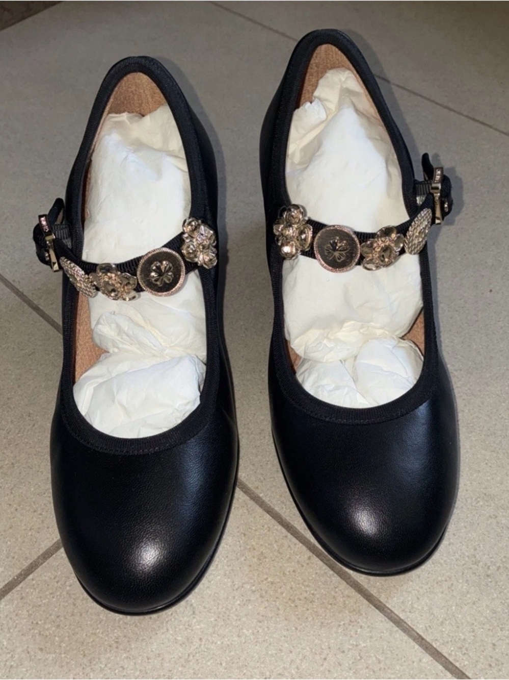 Chanel 24A Black Leather Mary Jane Heels with Gold Charms size 37.5